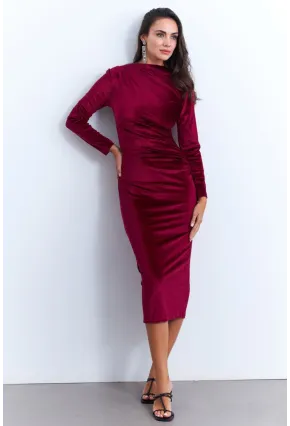 Kadın Bordo Drapeli Midi Elbise MON1113