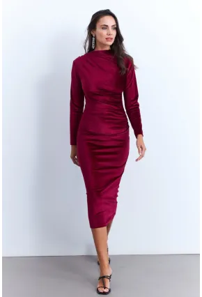 Kadın Bordo Drapeli Midi Elbise MON1113