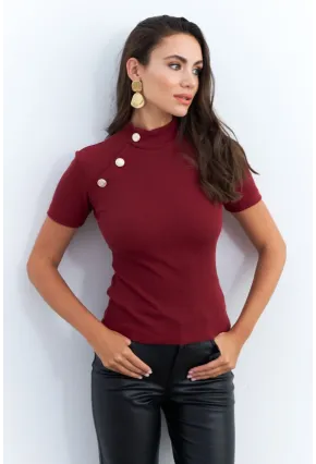 Kadın Bordo Düğme Aksesuarlı Kaşkorse Bluz EY2560