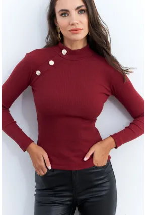 Kadın Bordo Düğme Aksesuarlı Kaşkorse Bluz EY2579