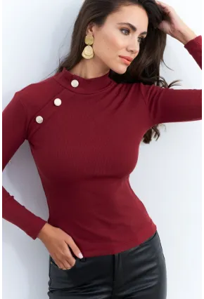 Kadın Bordo Düğme Aksesuarlı Kaşkorse Bluz EY2579