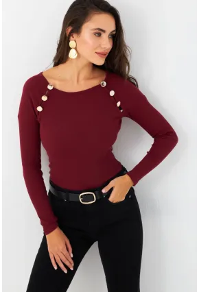 Kadın Bordo Düğme Aksesuarlı Kaşkorse Bluz EY2945