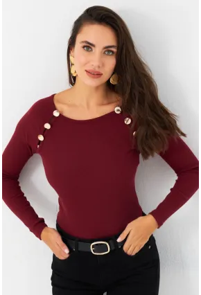 Kadın Bordo Düğme Aksesuarlı Kaşkorse Bluz EY2945