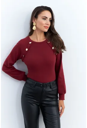 Kadın Bordo Düğme Aksesuarlı Kaşkorse Bluz EY2946