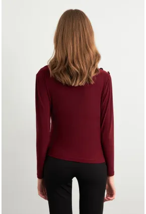 Kadın Bordo Düğme Detaylı Büzgülü Bluz LPP1223-1