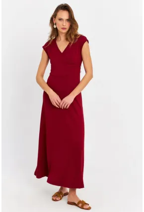 Kadın Bordo Düğme Detaylı Kruvaze Midi Elbise MEY0011