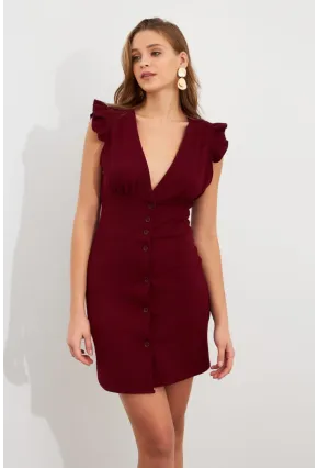 Kadın Bordo Düğme Detaylı Mini Elbise DAF5033