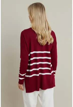 Kadın Bordo-Ekru V Yaka Çizgili Triko Kazak MYİL550