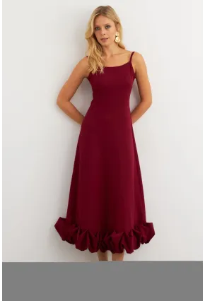 Kadın Bordo Eteği Fırfırlı Şık Maxi Elbise FRY2266