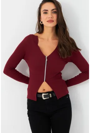 Kadın Bordo Fermuarlı Kaşkorse Bluz EY2954