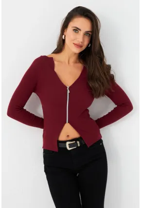 Kadın Bordo Fermuarlı Kaşkorse Bluz EY2954