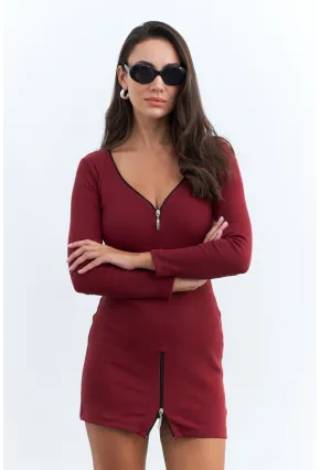 Kadın Bordo Fermuarlı Kaşkorse Mini Elbise EY2530