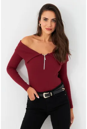 Kadın Bordo Fermuarlı Madonna Yaka Bluz EY2559