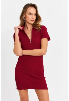Kadın Bordo Fermuarlı Mini Elbise MOD2441