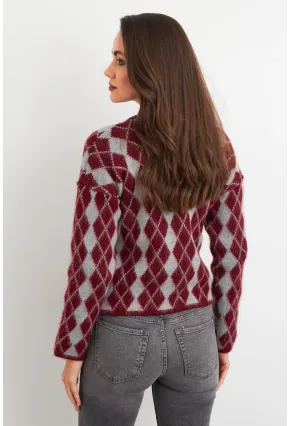 Kadın Bordo-Gri Düğme Detaylı Hırka ELT12022