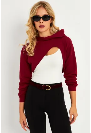 Kadın Bordo Kapüşonlu Crop Sweatshirt  TF03