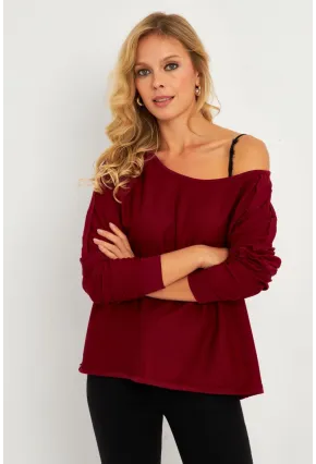 Kadın Bordo Kayık Yaka Ters Dikişli Sweatshirt TF10