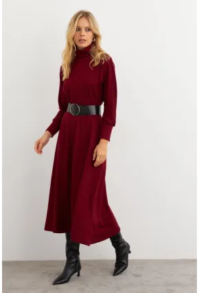 Kadın Bordo Kemerli Balıkçı Yaka Elbise MKSD992