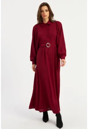 Kadın Bordo Kemerli Maxi Elbise MASF15