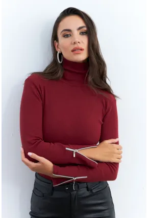 Kadın Bordo Kolları Fermuarlı Kaşkorse Balıkçı Bluz EY2567
