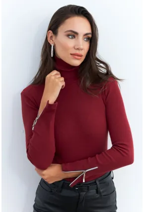 Kadın Bordo Kolları Fermuarlı Kaşkorse Balıkçı Bluz EY2567