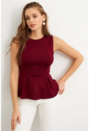 Kadın Bordo Kolsuz Peplum Bluz FLU7257