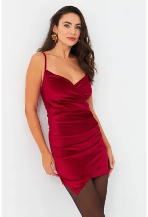 Kadın Bordo Kruvaze Kadife Mini Elbise MON140