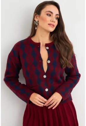 Kadın Bordo-Lacivert Düğme Detaylı Hırka ELT12022