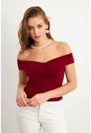 Kadın Bordo Madonna Yaka Crop Bluz VA101