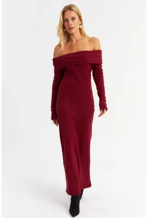 Kadın Bordo Madonna Yaka Kaşkorse Maxi Elbise HOL1