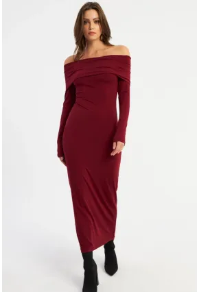 Kadın Bordo Madonna Yaka Maxi Elbise LİK10