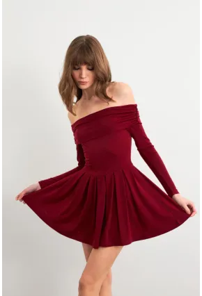 Kadın Bordo Madonna Yaka Midi Elbise MON1262