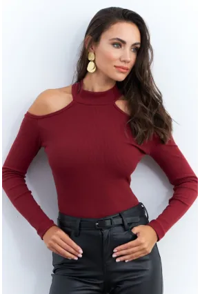 Kadın Bordo Omuzları Açık Kaşkorse Bluz EY2590