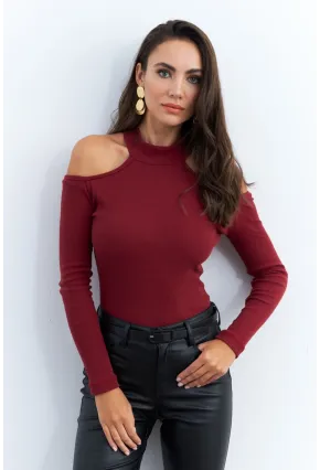 Kadın Bordo Omuzları Açık Kaşkorse Bluz EY2590