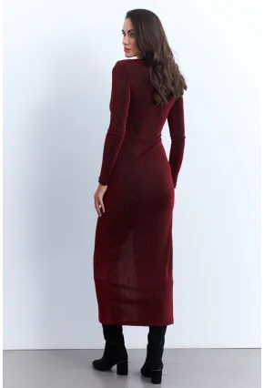 Kadın Bordo Omuzları Vatkalı Simli Şık Midi Elbise MON139