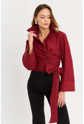 Kadın Bordo Önü Bağlamalı İspanyol Kol Gömlek MON142
