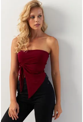 Kadın Bordo Önü Büzgülü Crop Bluz MON138