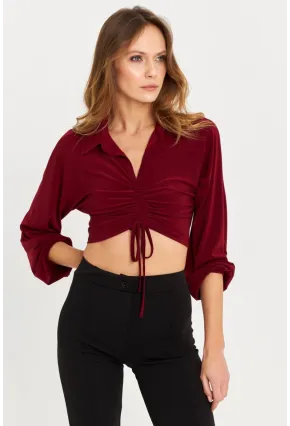 Kadın Bordo Önü Büzgülü Crop Bluz MRS103