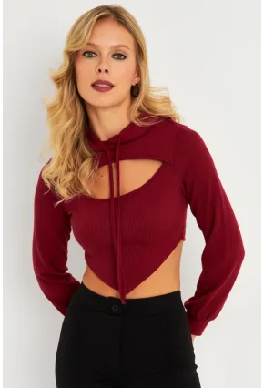 Kadın Bordo Pencereli Kapüşonlu Crop Bluz TF08