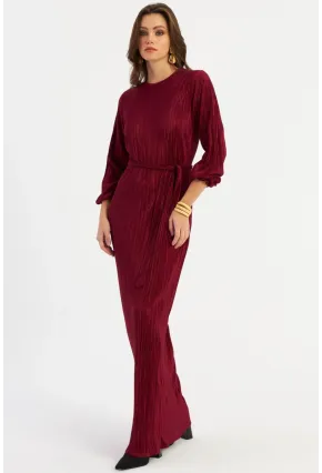 Kadın Bordo Pilise Maxi Elbise MGÇ192
