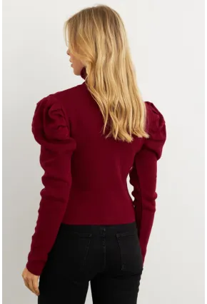 Kadın Bordo Prenses Kol Balıkçı Yaka Triko Bluz SF2555