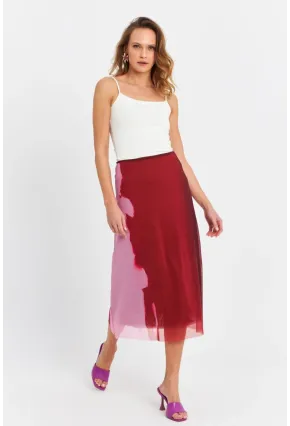 Kadın Bordo-Pudra Kontrast Renkli Tül Etek ZH11