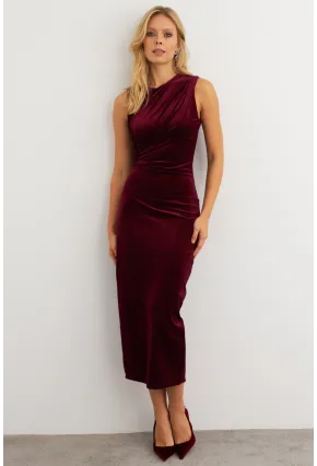 Kadın Bordo Simli Drapeli Maxi Elbise KED4481