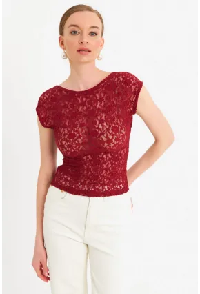 Kadın Bordo Sırtı Açık Dantel Bluz ZH04