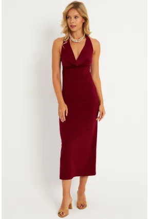 Kadın Bordo Sırtı Açık Degaje Midi Yılbaşı Elbise GÇ177