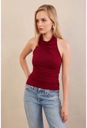 Kadın Bordo Sırtı Açık Drapeli Bluz FRY2314