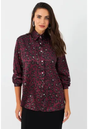 Kadın Bordo-Siyah Leopar Desenli Saten Gömlek MRAD5901-1