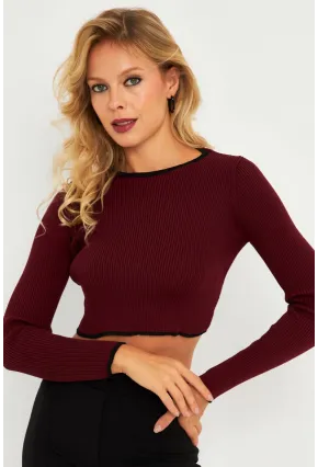 Kadın Bordo-Siyah Sırtı Açık Bluz YV270