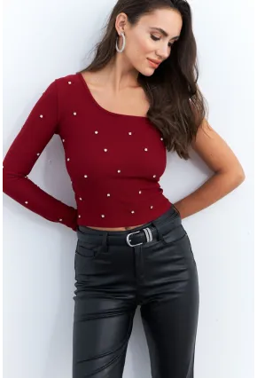 Kadın Bordo Taşlı Tek Kol Crop Bluz HOL2
