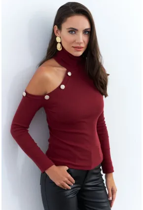 Kadın Bordo Tek Omuz Açık Kaşkorse Balıkçı Bluz EY2947